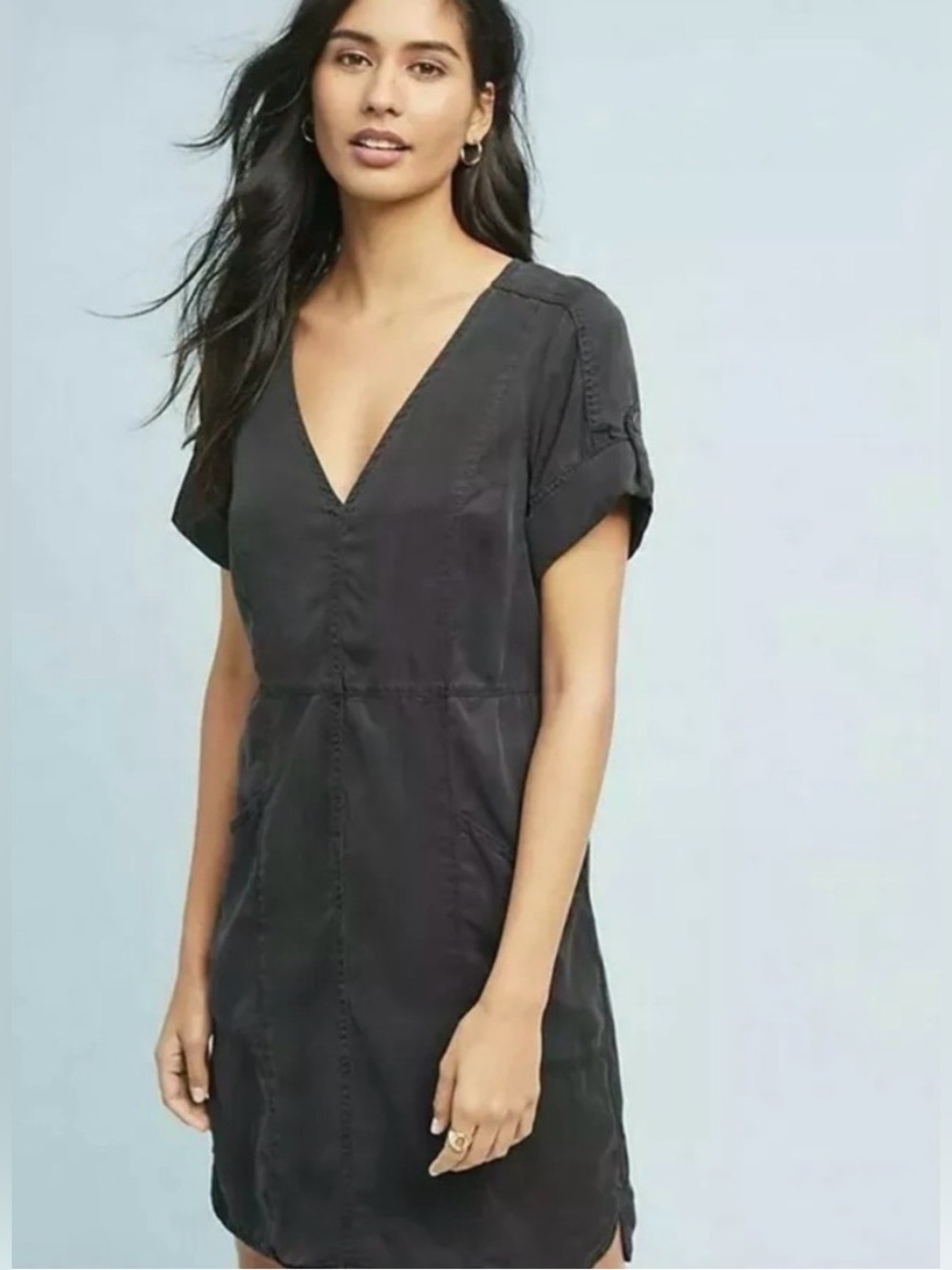 Pilcro Anthropologie washed black dress loose comfy casual v-neck utility small